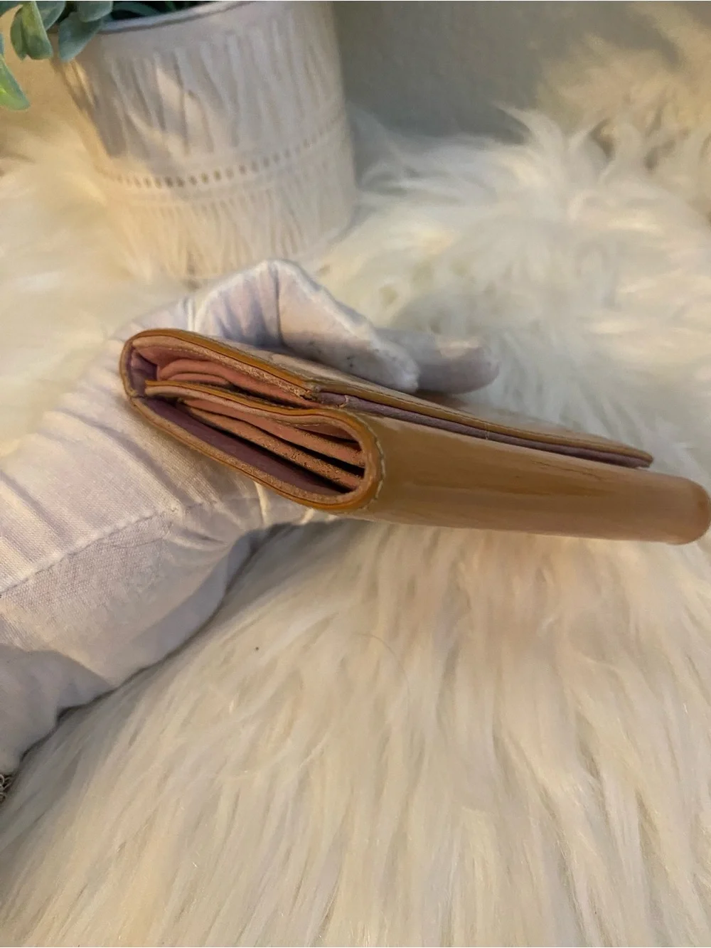Prada Glossy Patent Leather Wallet - Camel Brown